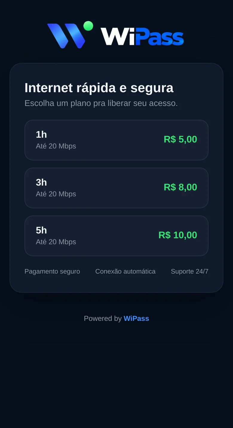 Tela do WiPass no celular com os planos de 1 hora, 3 horas e 5 horas