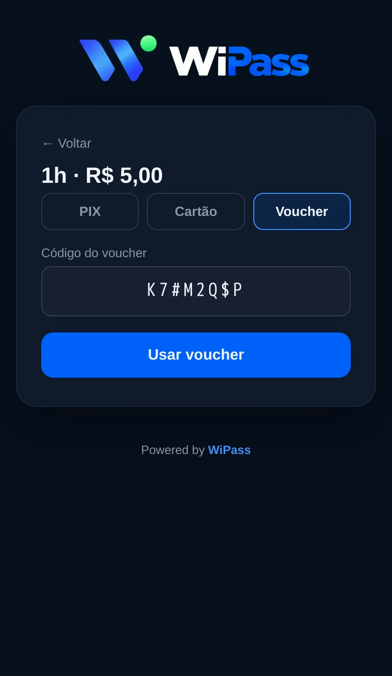 Tela de pagamento com as opções PIX, cartão e voucher